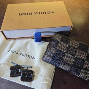 RARE Louis Vuitton Wooden Cufflinks with Ebene Damier Case, dust bag and box